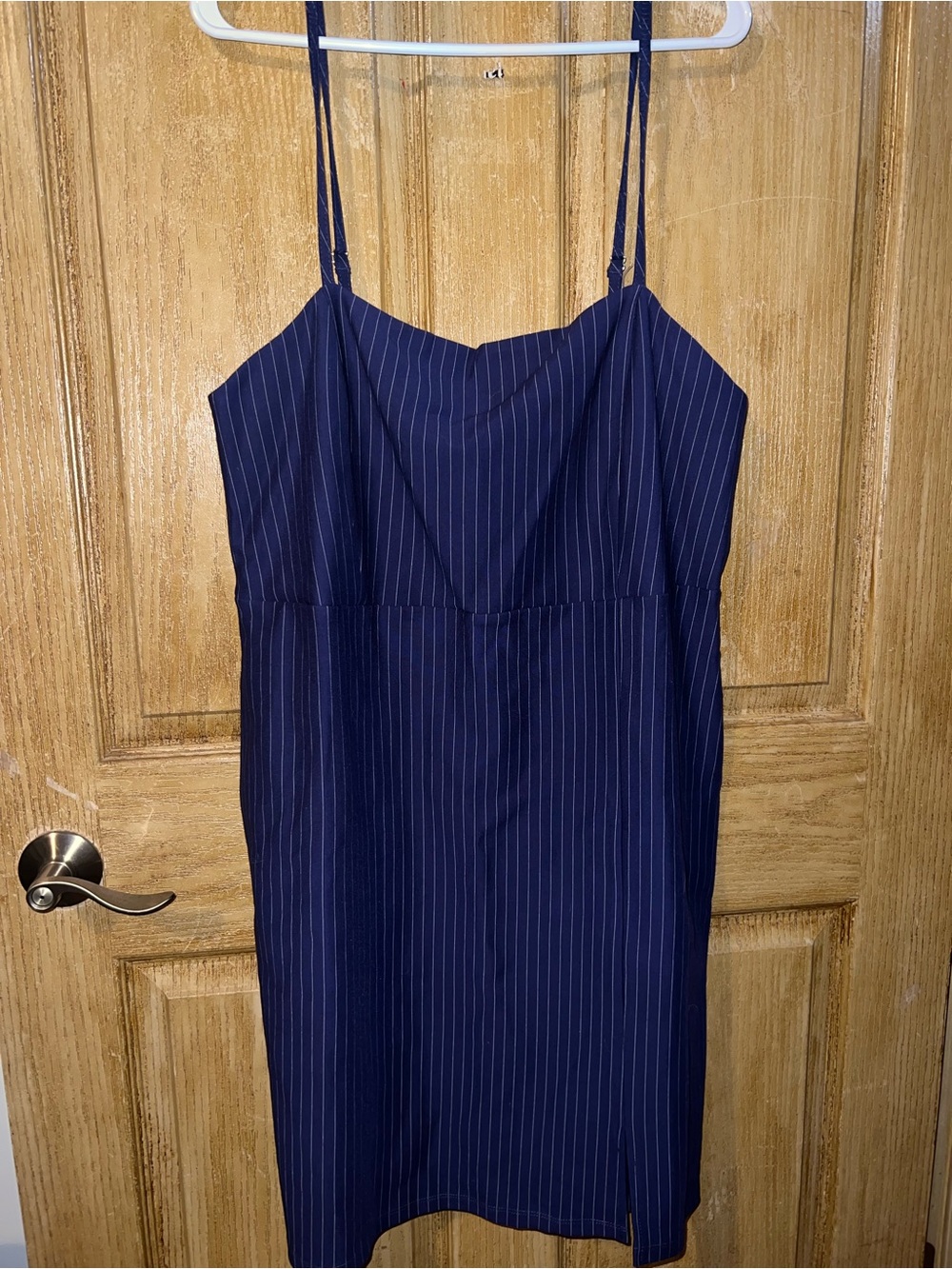 Navy Pinstripe Spaghetti Strap Dress